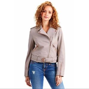 $495‼️TRUE RELIGION SHEEP LEATHER MOTO JACKET CROPPED Mauve Motorcycle Luxury XS